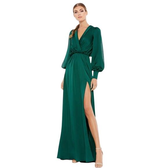 MAC DUGGAL Dress Size 12 Evening Gown Forest Green NEW Bishop Sleeve Slit V Neck - Picture 1 of 8